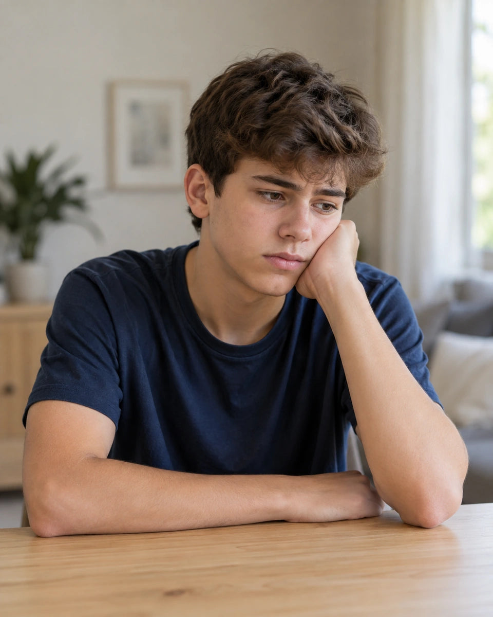 A thoughtful teenager resting his cheek on his hand at home