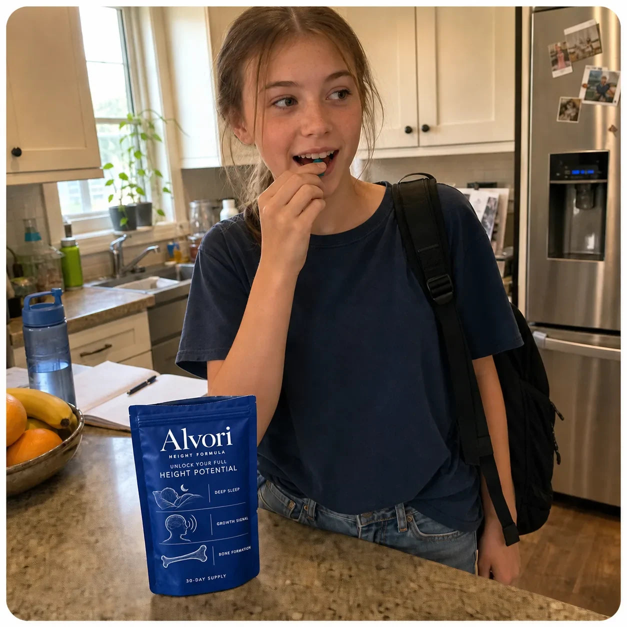 Teen girl enjoying a Alvori gummy before school